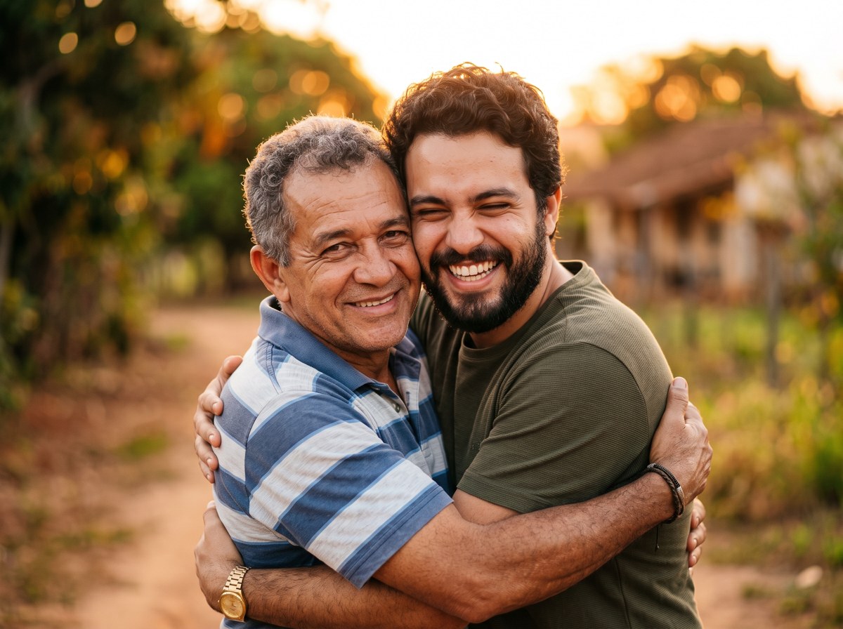 Pai e filho se abraçando