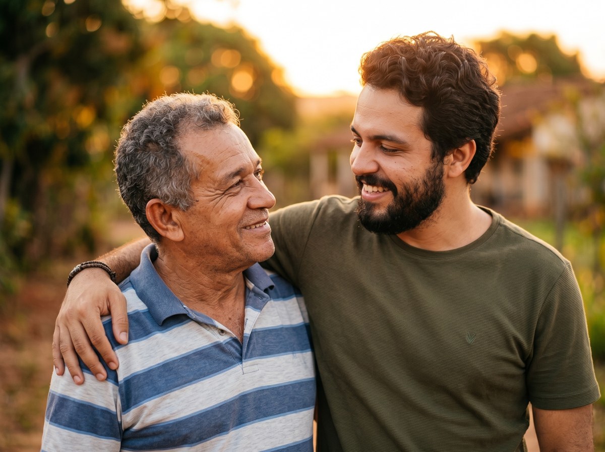Pai e filho sorrindo juntos