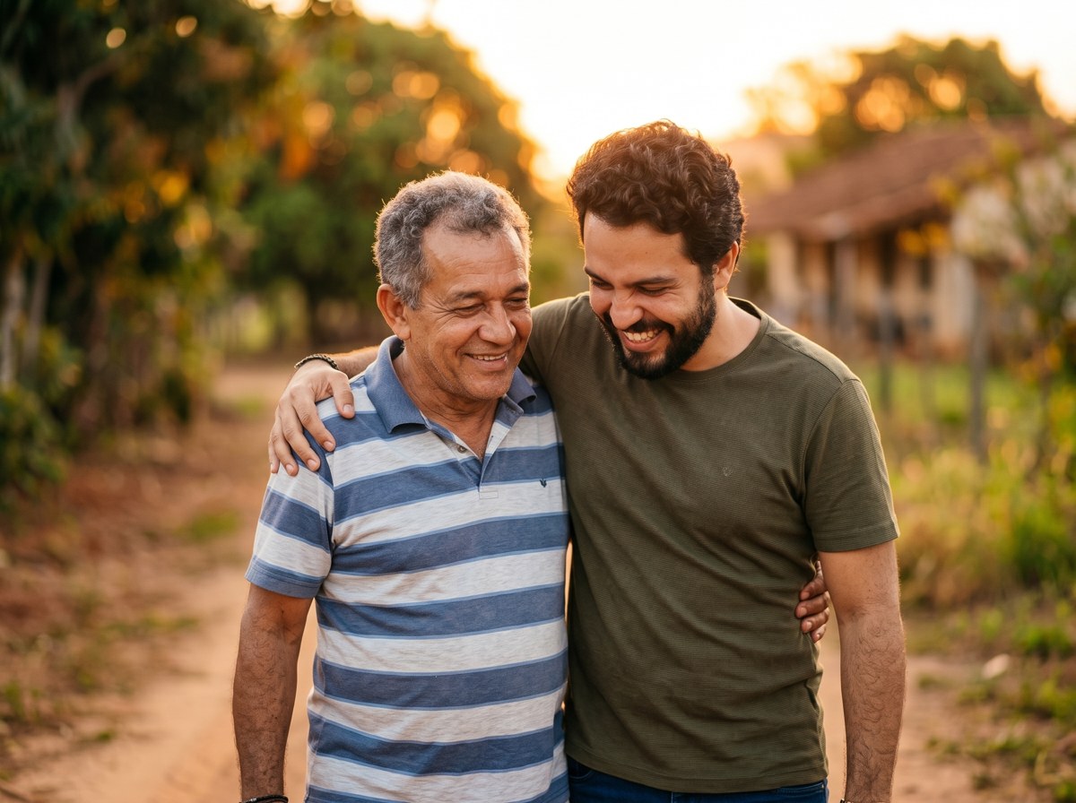 Pai e filho caminhando abraçados